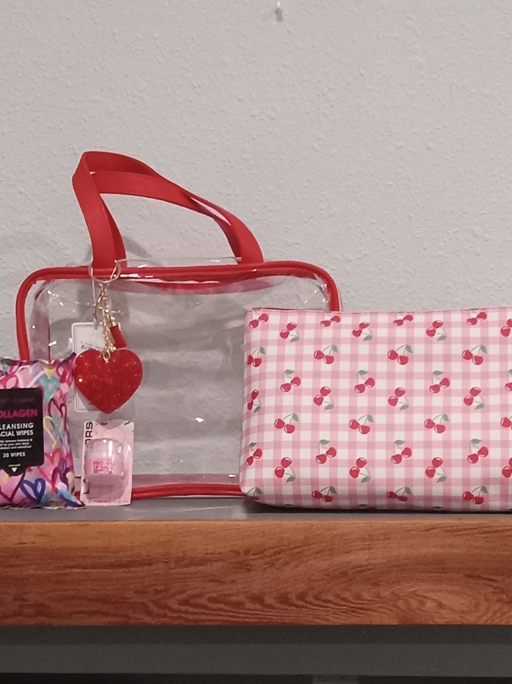 Womens Clear Cherry Print, Red-Trim Tote And Matching Cosmetic Bag Set. 5 Pc